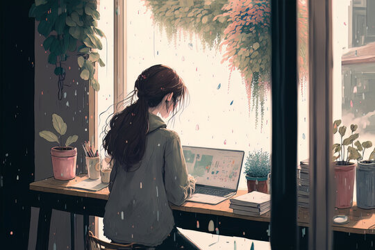 Wall Mural -  - Anime girl working at her desk. Cute drawing of a young woman sitting at her computer. Working from home, listening to lofi music. Cartoon character at her workplace. Chill beautiful relax interior