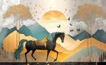 3D Mural Wallpaper Suitable For Frame Canvas Print. Horse And Golden Trees With Colored Mountains. Golden Sun And Birds With Modern Background