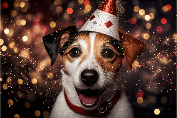 Jack Russel with party hat on New Year's Eve party, sparkling lights in the background