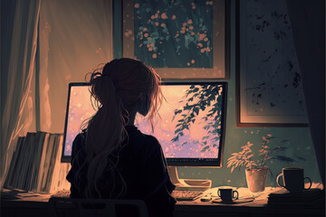 Wall Mural - Beautiful young woman working at her desk at night. Very chill and cozy home. Sitting at the computer. Cute manga anime drawing of young girl. Beautiful atmospheric light. Chill relaxing lofi space.