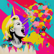 © Uncanny Valley - A fusion of contemporary art and old-fashioned style. Pop art backgrounds, colorful, bright neon colors, collage of girl portrait and different elements and symbols. Illustration. Generative AI.
