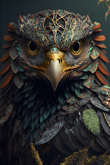 Wall Mural - Close-up of a hawk's head mixed with ornaments. Portrait style in 3D design. Generative AI.