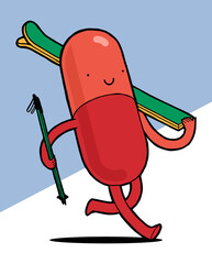 Wall Mural - Vitamin Ski. Pill Character carrying skis. Winter sports character isolated vector illustration.