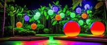 AI Generated Illustration With Multicolored Neon Lamps And Exotic Vegetation