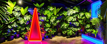 Generative AI Illustration With Exotic Plants And Geometric Neon Lamp In Building