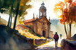 Way of St James , Camino de Santiago, Spain, watercolor landscape