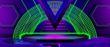 Abstract Backgound Video Game Of Esports Scifi Gaming Cyberpunk, Vr Virtual Reality Simulation And Metaverse, Scene Stand Pedestal Stage, 3d Illustration Rendering, Futuristic Neon Glow Room