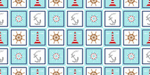Summer, Marine, Nautical Concepts Seamless Pattern Design With Rope, Rudder, Lighthouse, Anchor And Compass. Cute Travel Background