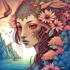 Wall Mural - Fantasy art, collage illustration, drawing face of young girl, generative ai