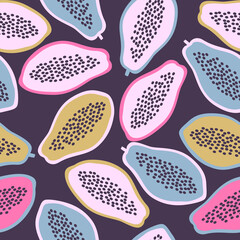 Papaya seamless pattern. Fruity citrus pattern on a purple background in a flat style. Ideal for printing on fabric, wrapping paper, wallpaper, etc.