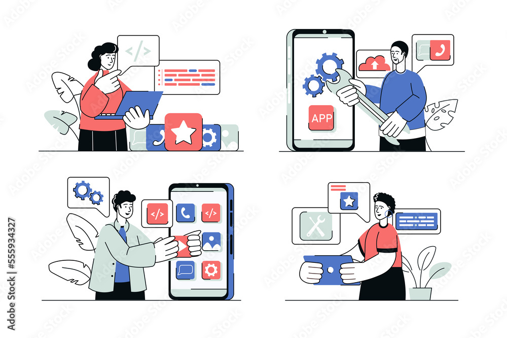 App development concept set in flat line design. Men and women create ...