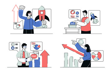 Aufkleber - Business startup concept set in flat line design. Men and women analyze financial data, research market, invest money, launch and develop company. Illustration with outline people scene for web