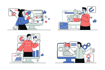 Poster - Digital marketing concept set in flat line design. Men and women create promo content, publish blog posts for users and make online advertising. Illustration with outline people scene for web