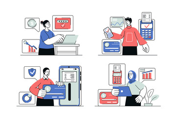 Aufkleber - Online payment concept set in flat line design. Men and women pay bills and taxes, make purchases in online stores using laptop or mobile app. Illustration with outline people scene for web