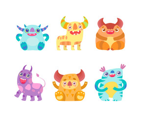 Wall Mural - Funny Toothy Monsters with Horns and Open Mouth Vector Set