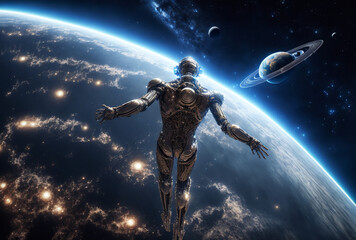 Wall Mural - generative ai humanoid robot in outer space.