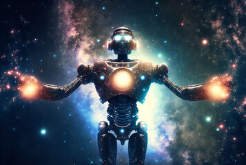 Wall Mural - generative ai humanoid robot in outer space.