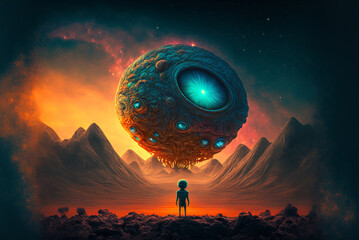 Wall Mural - generative ai extraterrestrial astronaut exploring planet watching outer space.