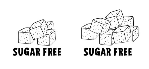 Cartoon, hand draw sugar cubes and slogan sugar free. For World diabetes day. Vector sugar cube icon or symbol. Pile of sugar cubes. Pure, white crystal block. Blood sugar scale. Diabetic problem