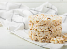 Rice Cakes On White Texture Wood. Close-up. Healthy Food. Diet Food.Place For Text.Space For Copy.