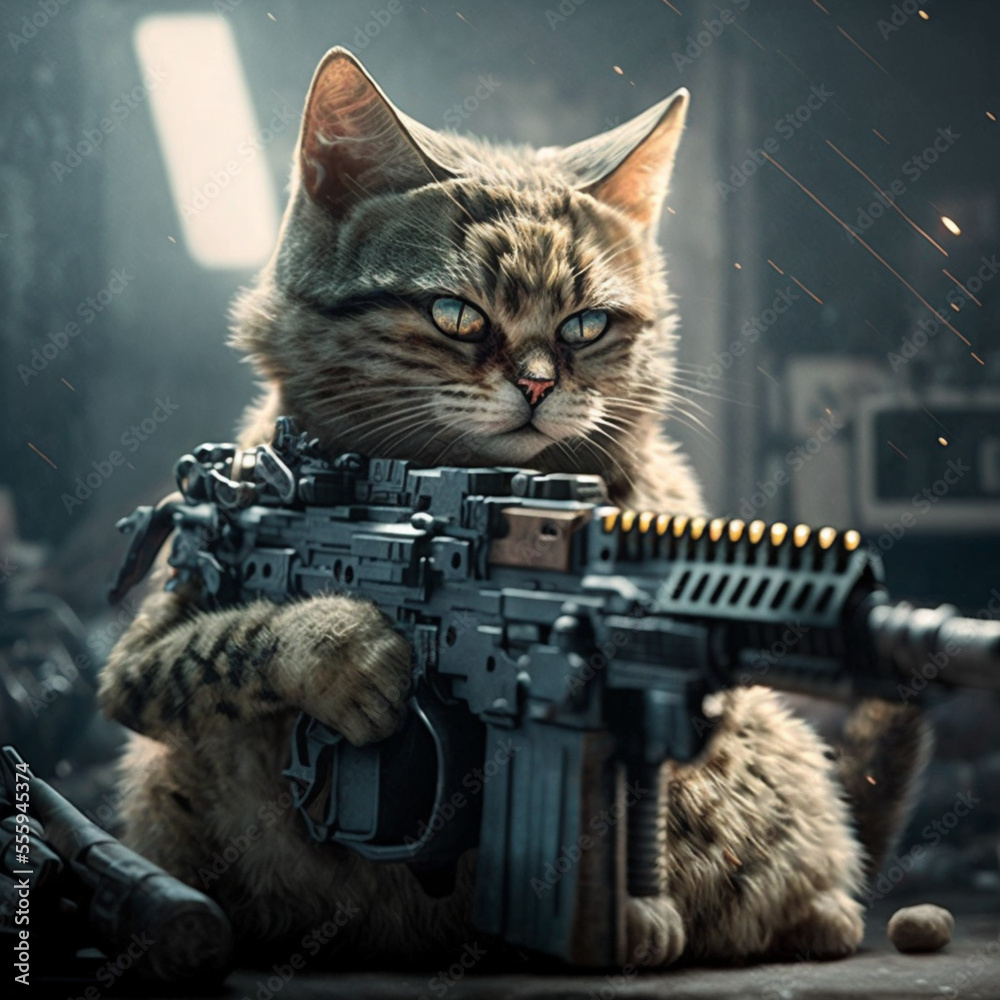 Armed and very cool cats in cool gear,generated by artificial