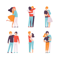 Poster - People Characters Embracing Each Other Soothing and Supporting Vector Illustration Set