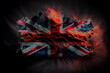 Union Jack of the United Kingdom which is the British national flag, distressed on fire and burning for use as an English concept theme, computer Generative AI stock illustration image