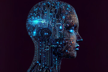 Wall Mural - Neural network of big data and artificial intelligence circuit board in the head and face of a blue woman outlining concepts of a digital brain, computer Generative AI stock illustration image