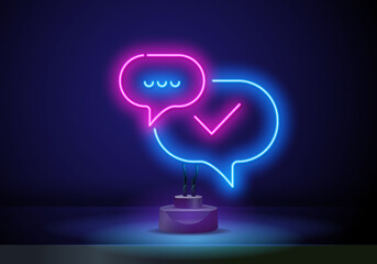 Wall Mural - Communication neon sign. Luminous signboard with speech clouds. Night bright advertisement.