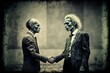 Corporate zombies in suits shaking hands over a sweet deal