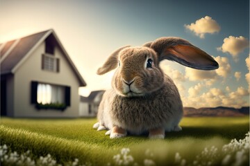  a rabbit sitting in the grass in front of a house with a rabbit's head sticking out of the window. Generative AI