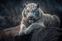  A White Tiger With Blue Eyes Laying On A Rock In The Dark Night Sky With A Dark Background And A Dark Sky.