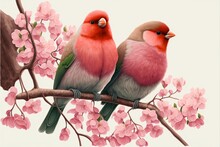  Two Birds Sitting On A Branch Of A Tree With Pink Flowers On It's Branches And A Bird On The Branch. Generative AI