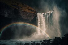  A Rainbow Is Seen In Front Of A Waterfall With A Waterfall In The Background And A Rainbow In The Foreground.