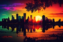  A City Skyline With A Rainbow Colored Sky And Water Reflecting The Sun In The Water And Trees In The Foreground.