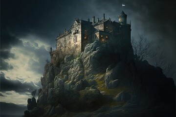 Wall Mural -  a castle on a rock with a full moon in the sky above it and a dark sky above it. Generative AI