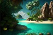  a tropical island with palm trees and a beach with rocks and water and a few fish swimming in the water. Generative AI
