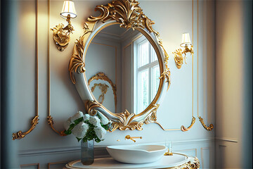 luxurious restroom with ornate mirror and washbasin in a palace background