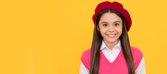 Poster - happy teen school girl in french beret on yellow background, childhood. Child face, horizontal poster, teenager girl isolated portrait, banner with copy space.