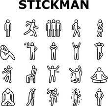 Stickman Man People Silhouette Icons Set Vector. Pictogram Human, Stick Person, Figure Posture, Body Position Male Character Movement Stickman Man People Silhouette Black Contour Illustrations