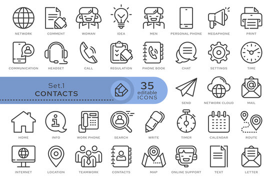 Set of conceptual icons. Vector icons in flat linear style for web sites, applications and other graphic resources. Set from the series - Contacts. Editable outline icon.	

