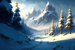 White winter landscape with a path leading into a snowy forest with mountains in the background, generative ai