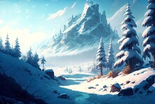 A Beautiful Bluish Winter Landscape With Snowy Trees And A Huge Mountain In The Background, Generative Ai