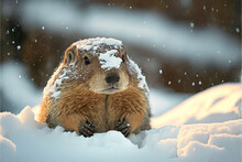 Groundhog Covered In Snow On Groundhog Day