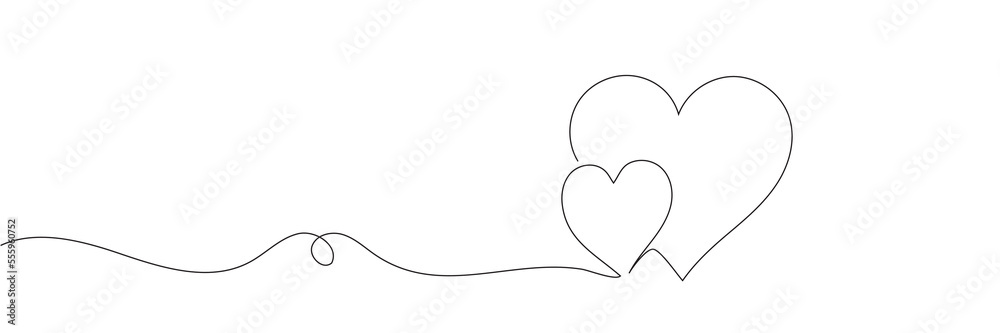 Continuous line drawing of love sign with two hearts on white ...