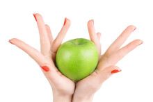 Woman Hands With Red Nails Polish And Perfect Skin Holding Green Apple. Isolated Png With Transparency