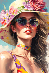 Wall Mural - Fashion Woman Portrait Wearing a Summer Hat Illustration, Travel Summer Holiday, Luxury Style, Fictional Character, Generative AI