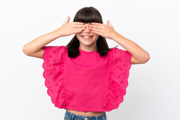 Sticker - Little caucasian kid isolated on white background covering eyes by hands and smiling