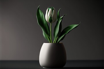 Poster - a white vase with a green plant in it on a table top with a dark background and a gray wall.