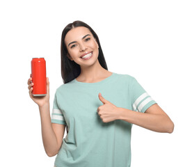 Sticker - Beautiful happy woman holding red beverage can and showing thumbs up on white background